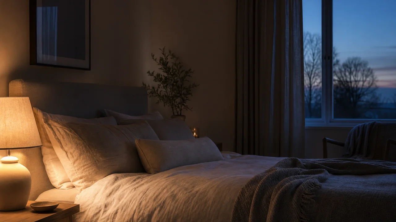 Warm bedside light in a calm bedroom